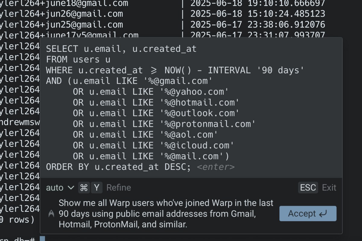 Warp AI coding assistant generates SQL query to find Warp users by email domain and creation date in terminal interface