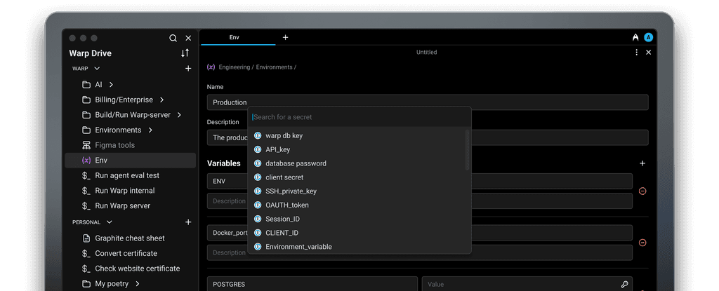 Warp Drive showing environment variables for production, including API keys and database passwords.