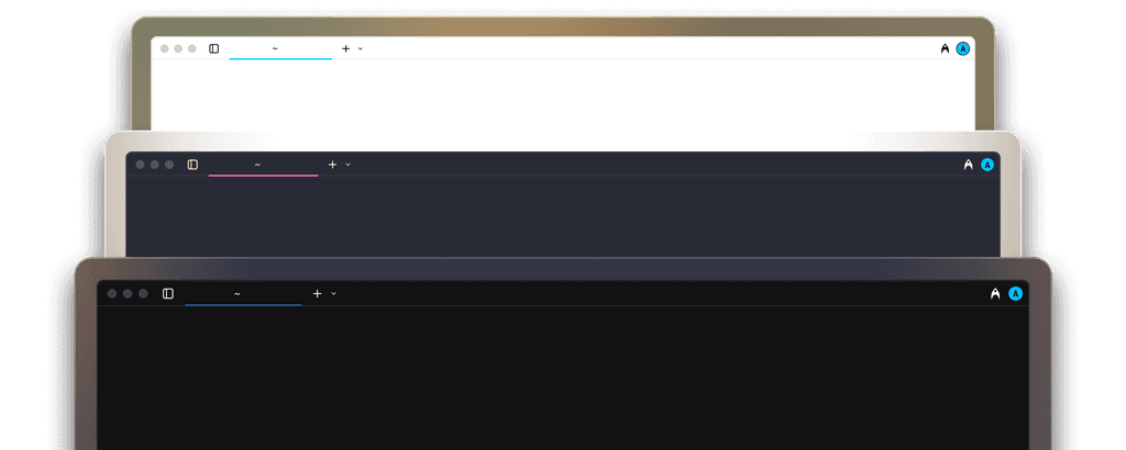 Warp AI development environment showing stacked browser windows with different themes and a blue "A" icon.