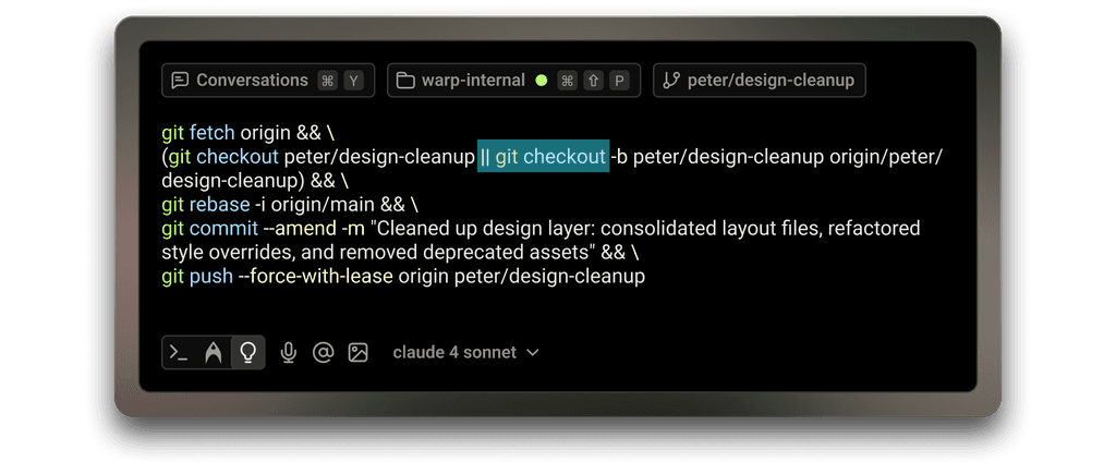 Warp terminal interface showing Git commands for branch cleanup and commit, with "claude 4 sonnet" AI model selected