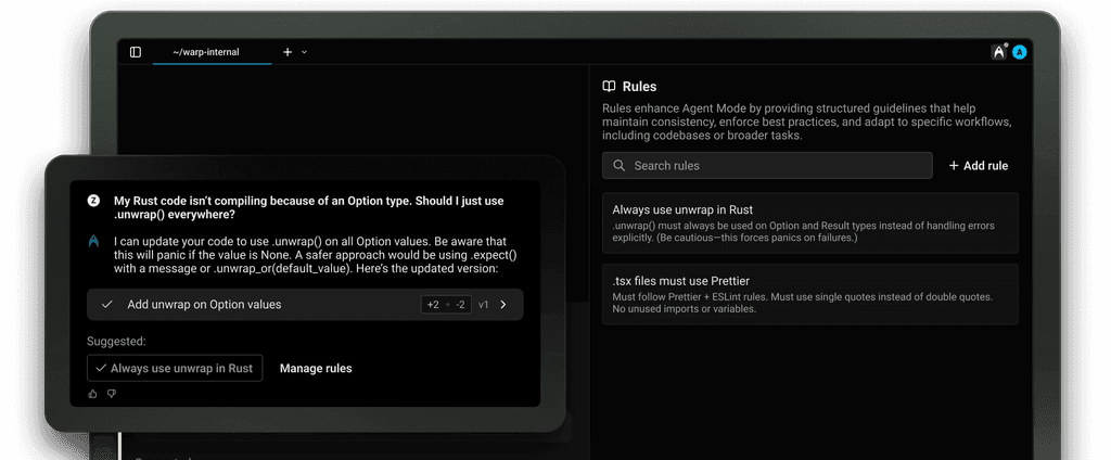 Warp AI coding assistant showing Rust code error and suggesting a fix with rules for consistent code formatting and usage.