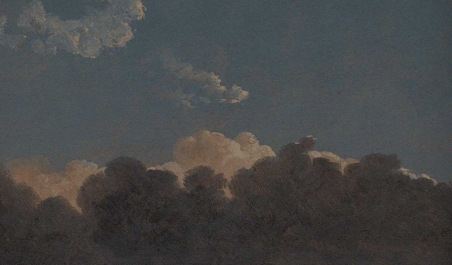 Dark, dramatic clouds against a moody blue sky, painted in a textured, impressionistic style.